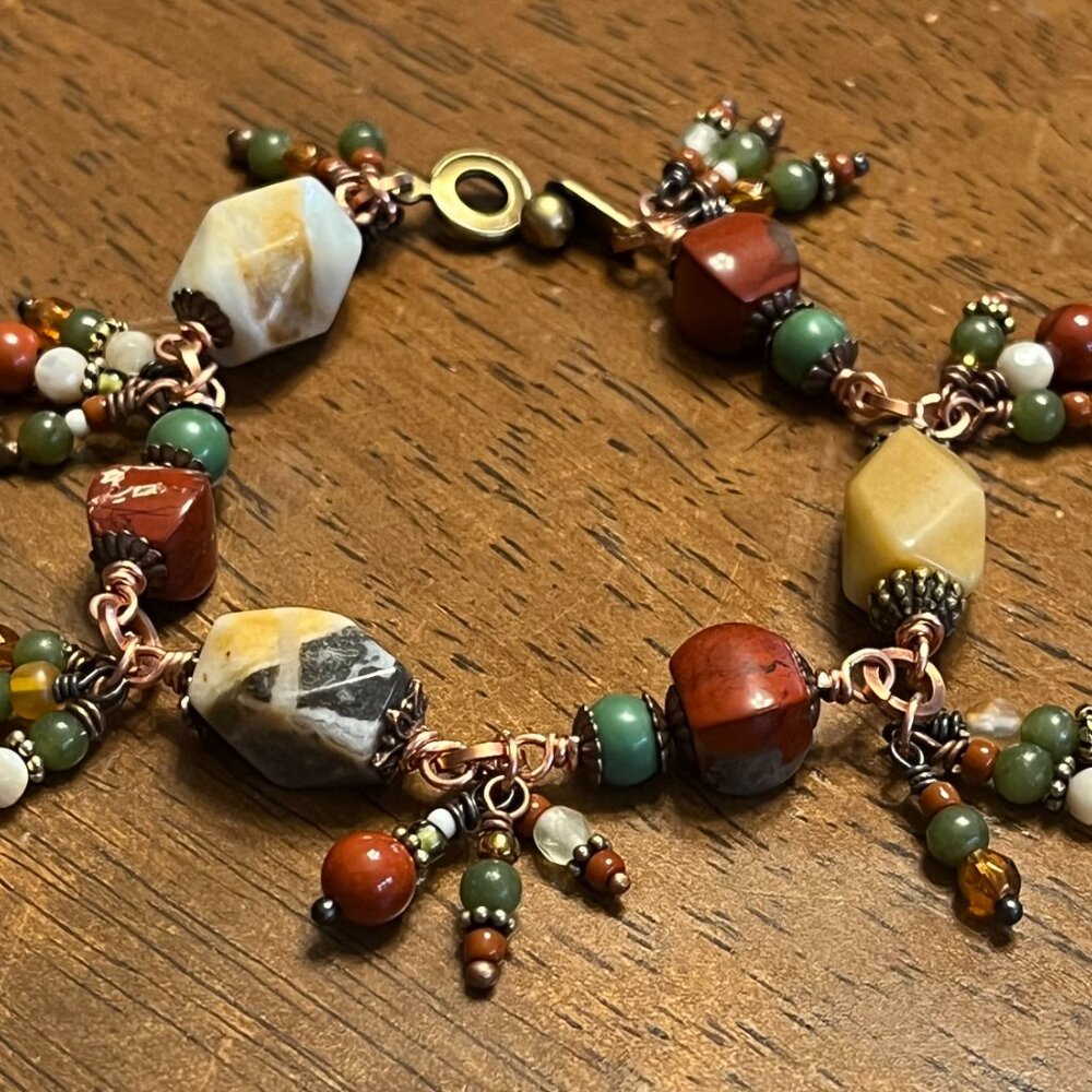 Boho Gemstone Bracelet, Jasper, Agate, Turquoise Jewelry, Handcrafted Wire Wrap - Picture 8 of 9